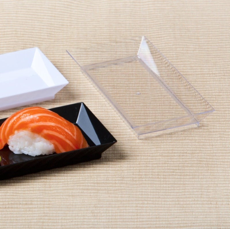 zappy 50ct 2.5" x 5" Elegant Petite Mini Rectangle Tray Appetizer Dessert Plates - Disposable Hard Plastic Miniature Tasting Sushi Trays Sample Dish Party Plates (Clear) - Image 2